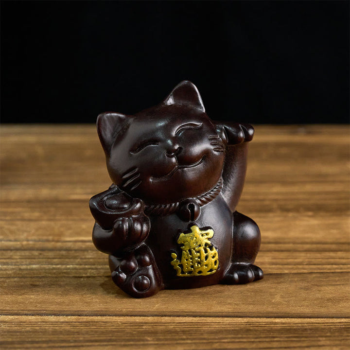 Buddha Stones Attract Wealth Lucky Cat Ebony Wood Carved Blessing Decoration - Ebony - 20cm(Color& Size May Vary) - image 0
