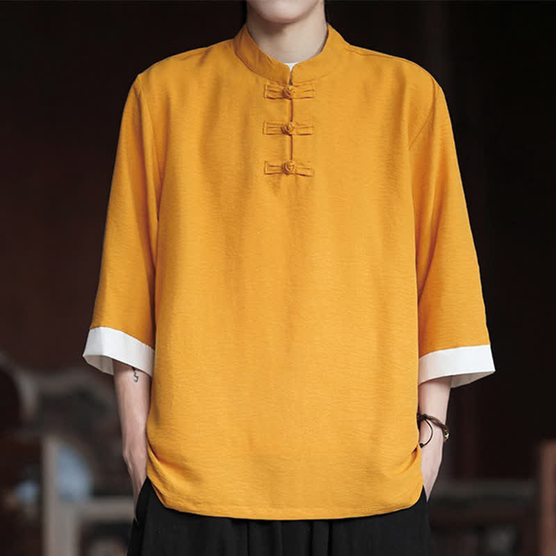 Buddha Stones Summer Tang Style Vintage Mandarin Collar Frog Button Solid Men's Elbow-Length Sleeve Shirts - image 16