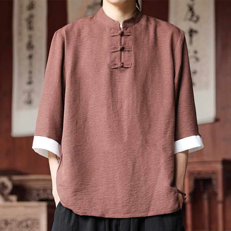 Buddha Stones Summer Tang Style Vintage Mandarin Collar Frog Button Solid Men's Elbow-Length Sleeve Shirts - DarkSalmon - US/UK/AU46, EU56 (5XL) - image 0