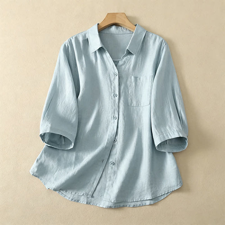 Buddha Stones Summer Casual Minimalist Button-Up Solid Women's Short Sleeve Shirts With Pocket - LightBlue - US8-10, UK/AU12-14, EU40-42 (2XL) - image 5