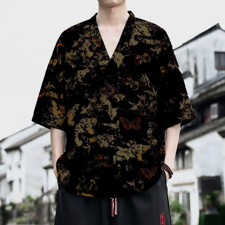 Buddha Stones Summer Casual Tang Style Floral V-Neck Men's Short Sleeve T-Shirts - Black - US/UK/AU46, EU56 (5XL) - image 4
