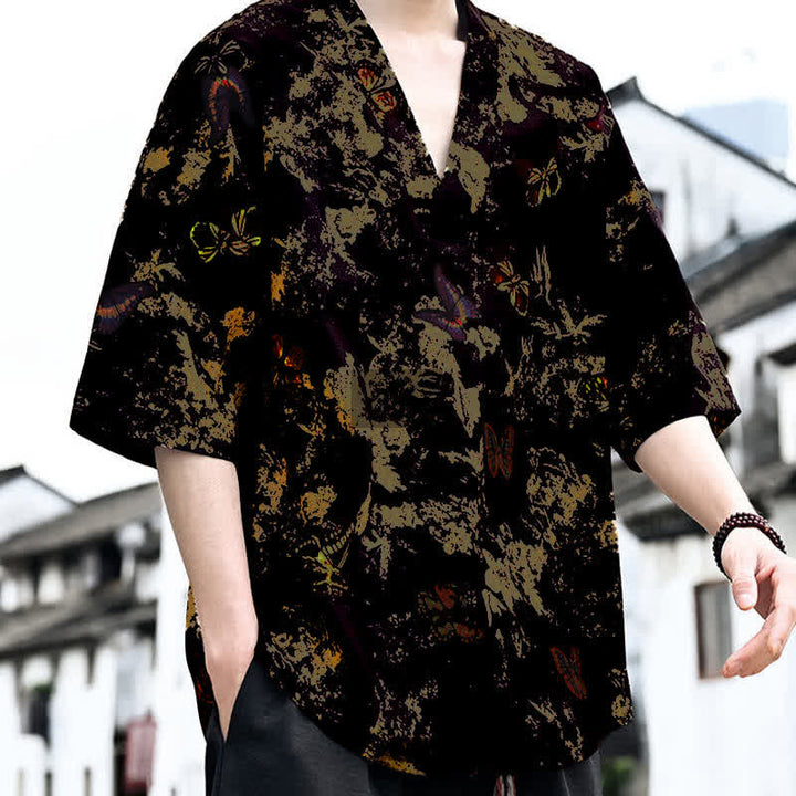 Buddha Stones Summer Casual Tang Style Floral V-Neck Men's Short Sleeve T-Shirts - image 9