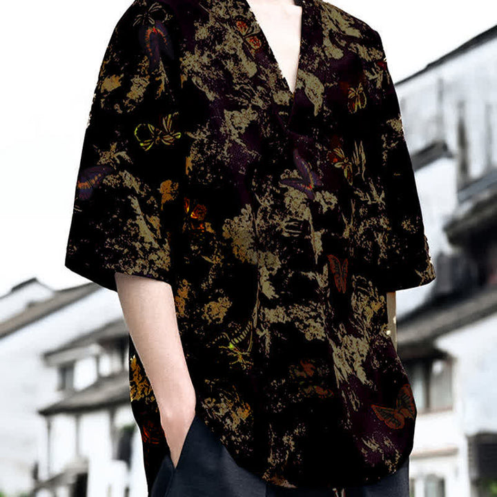 Buddha Stones Summer Casual Tang Style Floral V-Neck Men's Short Sleeve T-Shirts - image 8