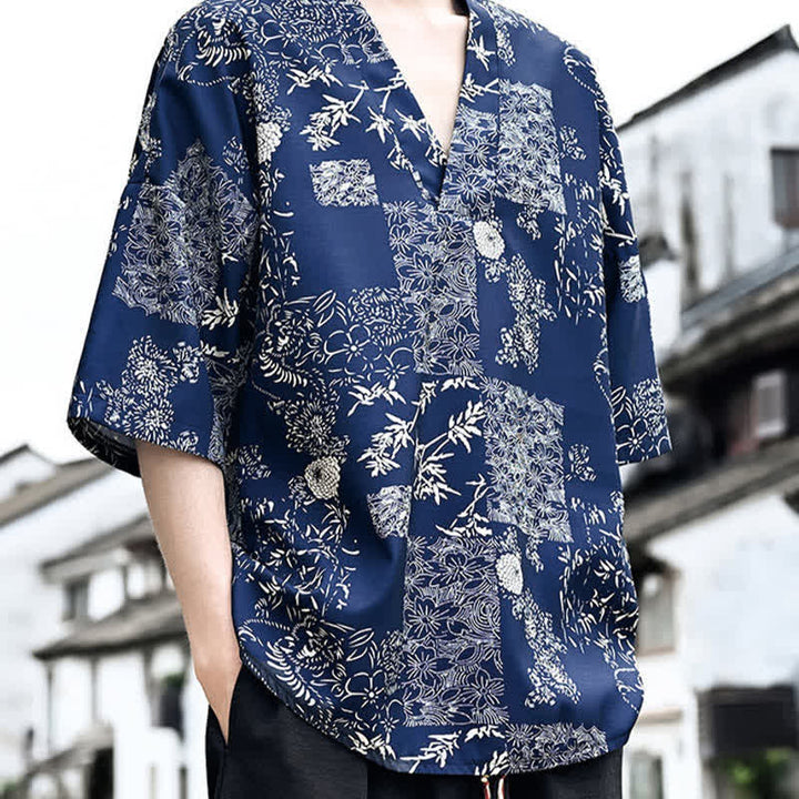 Buddha Stones Summer Casual Tang Style Floral V-Neck Men's Short Sleeve T-Shirts - image 2