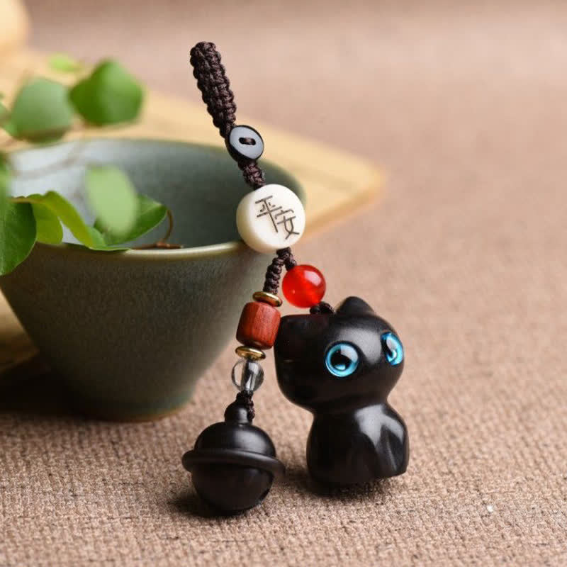 Buddha Stones Ebony Wood & Red Sandalwood Hand Carved Cat Bell Protection Keychains - image 8