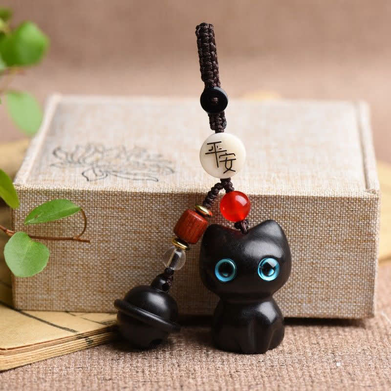 Buddha Stones Ebony Wood & Red Sandalwood Hand Carved Cat Bell Protection Keychains - Ebony Wood(Balance♥Calm) - image 7