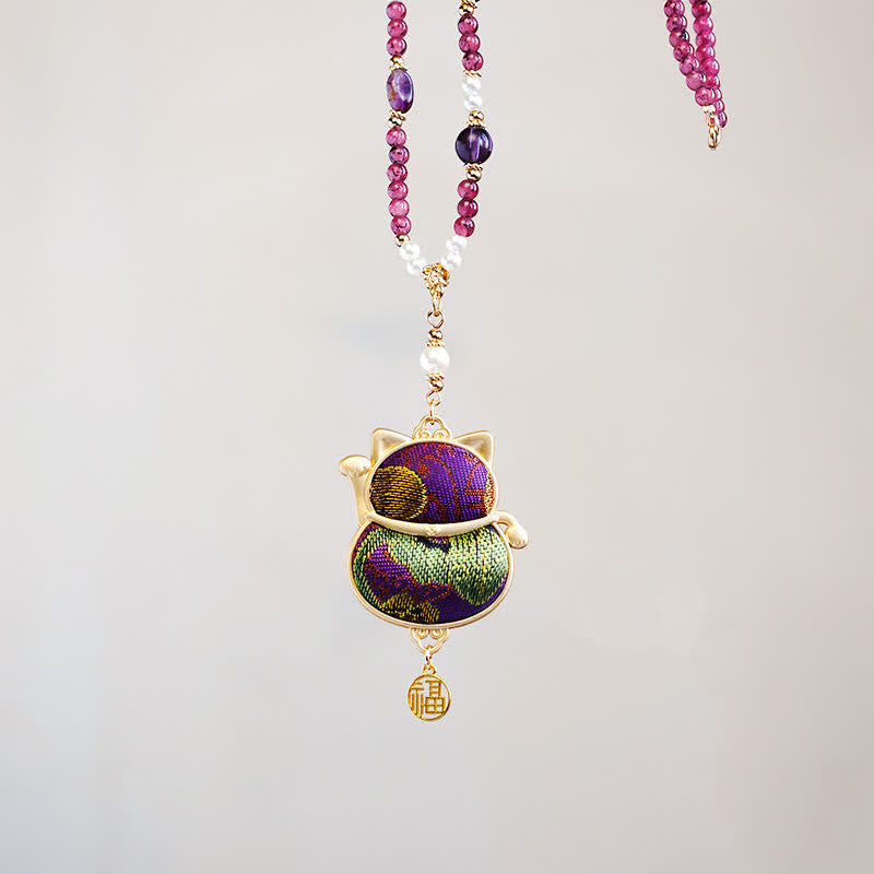 Buddha Stones Song Brocade Fabric Lucky Beckoning Cat Fu Character Blessing Necklace - image 8