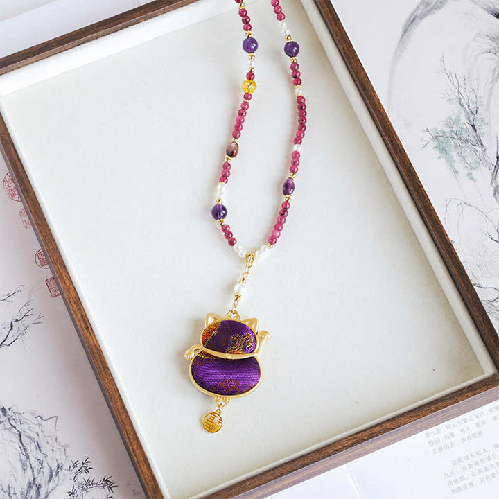 Buddha Stones Song Brocade Fabric Lucky Beckoning Cat Fu Character Blessing Necklace - image 2