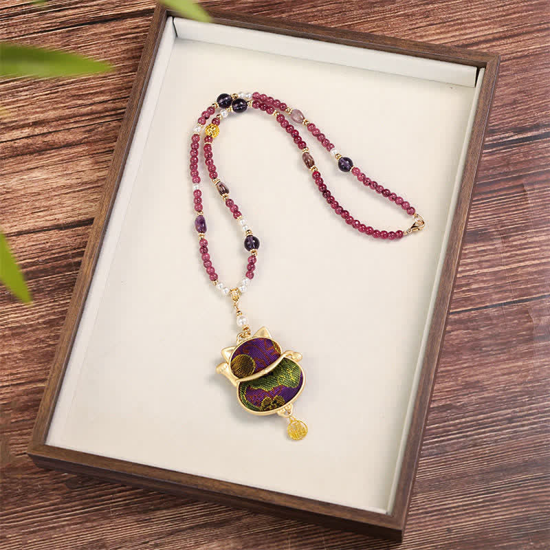 Buddha Stones Song Brocade Fabric Lucky Beckoning Cat Fu Character Blessing Necklace - image 1