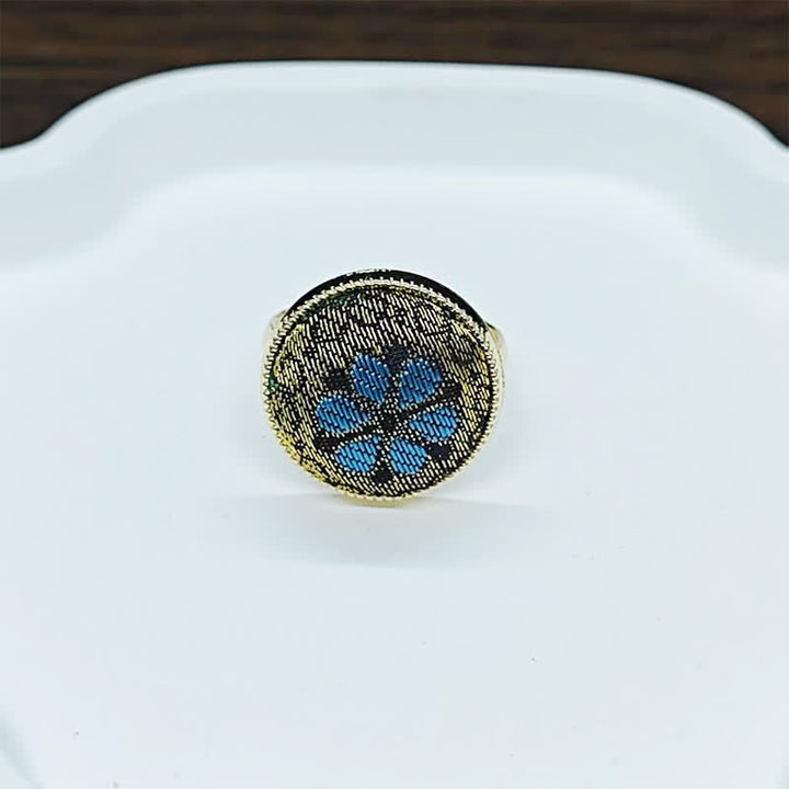 Buddha Stones Handmade Song Brocade Floral Pattern Blessing Adjustable Round Ring - Gold Blue(Same Color Tone – Pattern Varies) - Adjustable - image 6