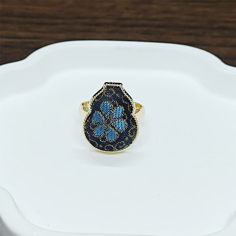 Buddha Stones Song Brocade Gourd Shaped Blessing Adjustable Vintage Chinese Style Ring - Black Blue(Same Color Tone – Pattern Varies) - Adjustable (Open) - image 7