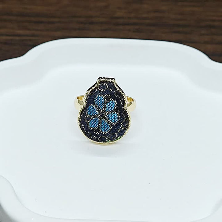 Buddha Stones Song Brocade Gourd Shaped Blessing Adjustable Vintage Chinese Style Ring - Black Blue(Same Color Tone – Pattern Varies) - Adjustable (Open) - image 7