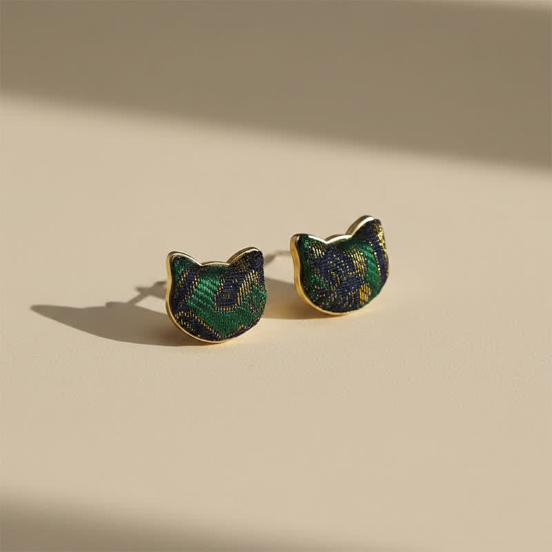 Buddha Stones Handmade Song Brocade Cat Blessing Chinese Vintage Earrings - Song Brocade (Same Color Tone – Pattern Varies) - image 0