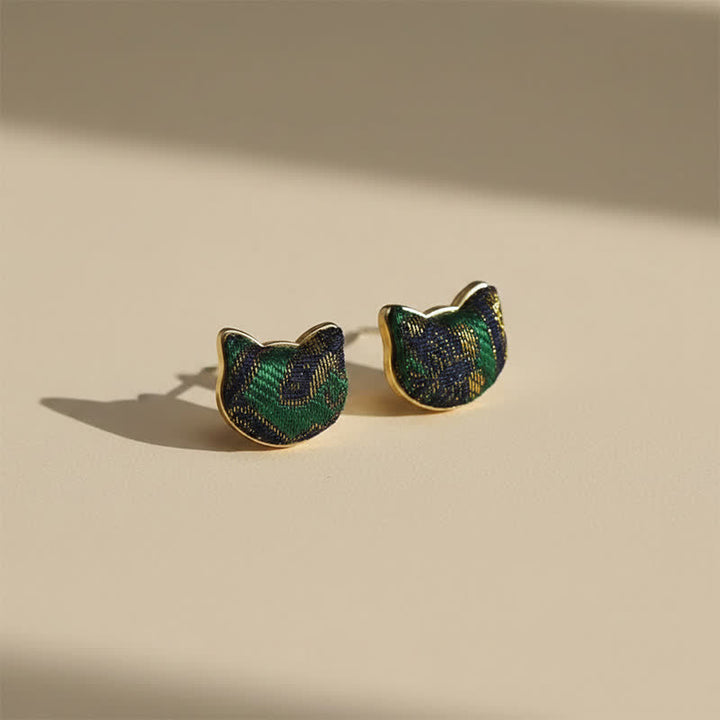 Buddha Stones Handmade Song Brocade Cat Blessing Chinese Vintage Earrings - Song Brocade (Same Color Tone – Pattern Varies) - image 0