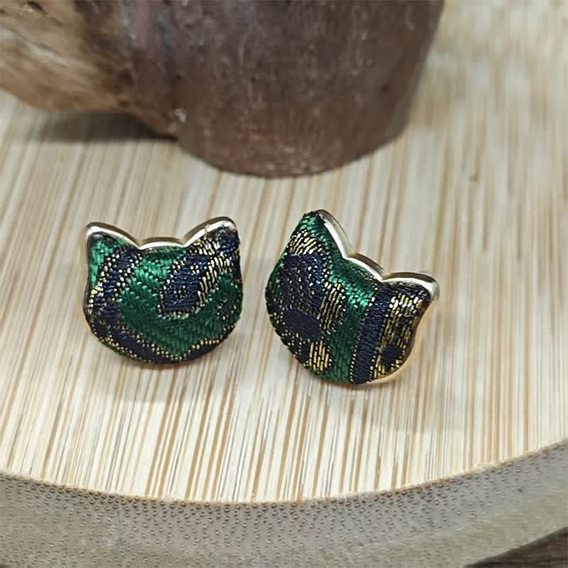 Buddha Stones Handmade Song Brocade Cat Blessing Chinese Vintage Earrings - image 1