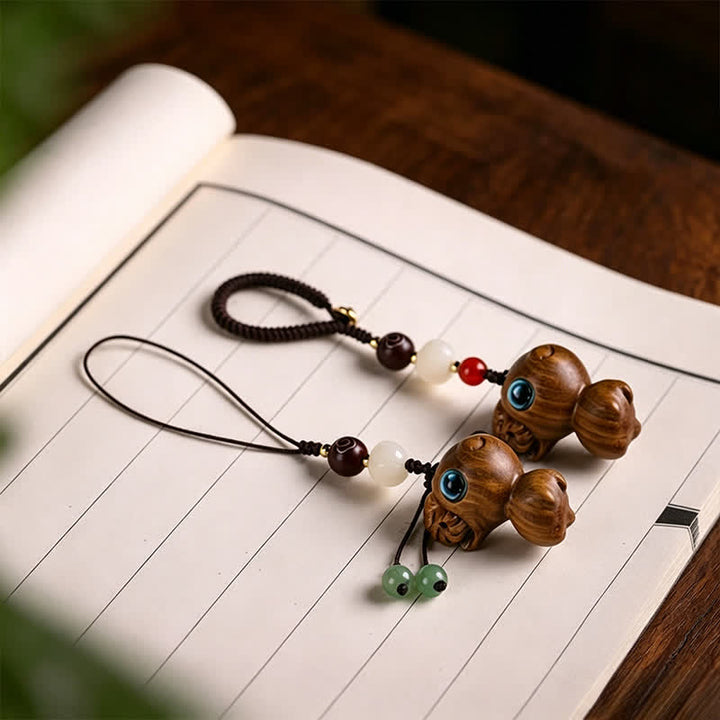 Buddha Stones Green Sandalwood Sheep Luck Hand Carved Keychains - image 8