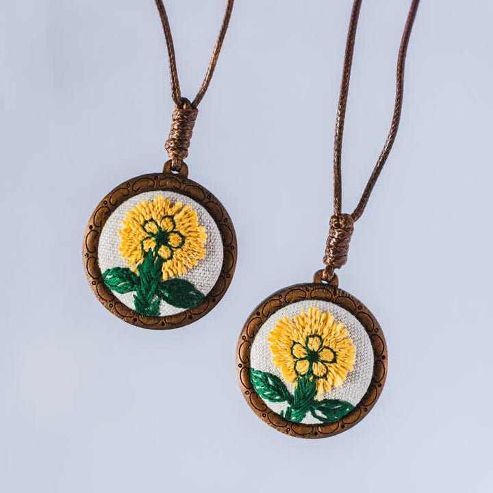 Buddha Stones Wooden Hand Carved Embroidered Flower Butterfly Grounding Round Necklace - image 0
