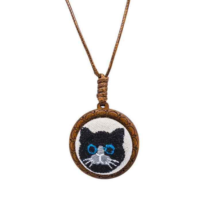 Buddha Stones Wood Cat Luck Embroidered Round Pendant Necklace - Black Cat - image 4
