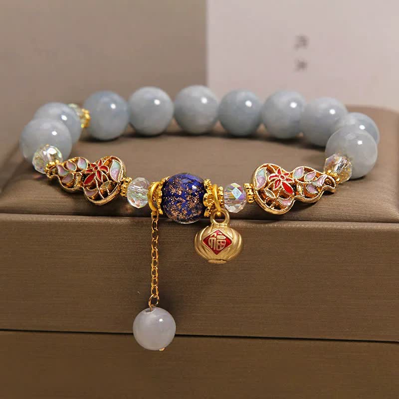Buddha Stones Aquamarine Fu Character Luck Cloisonné Gourd Dangle Round Bracelet - image 1
