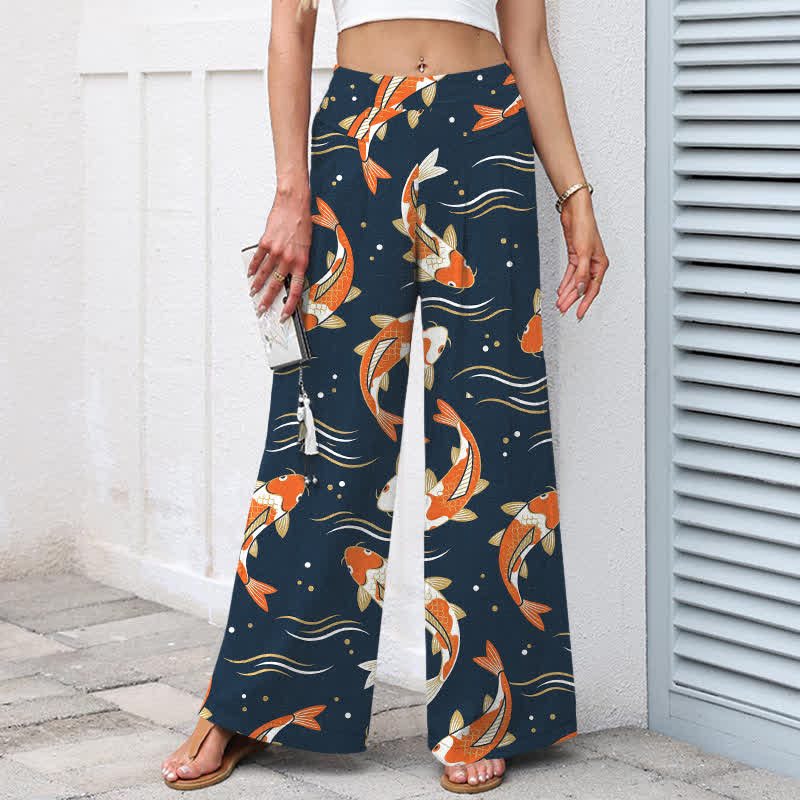 Buddha Stones Cotton Linen Koi Fish Pattern Women's Elastic Waist Wide Leg Pants With Pockets - image 1