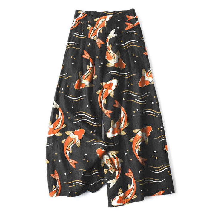 Buddha Stones Cotton Linen Koi Fish Pattern Women's Elastic Waist Wide Leg Pants With Pockets - Black - US16，UK/AU20，EU48 (3XL) - image 5