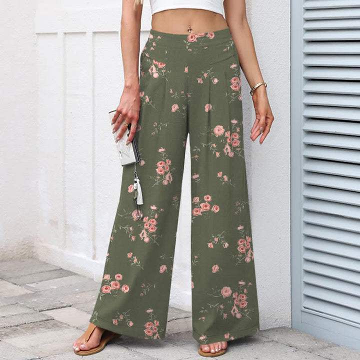 Buddha Stones Cotton Linen Vintage Rose Pattern Women's Elastic Waist Wide Leg Pants With Pockets - image 8