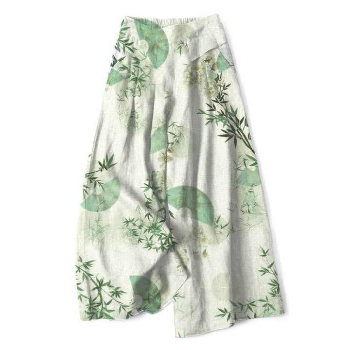Buddha Stones Cotton Linen Oriental Bamboo Leaf Pattern Women's Elastic Waist Wide Leg Pants With Pockets - Honeydew - US16，UK/AU20，EU48 (3XL) - image 7