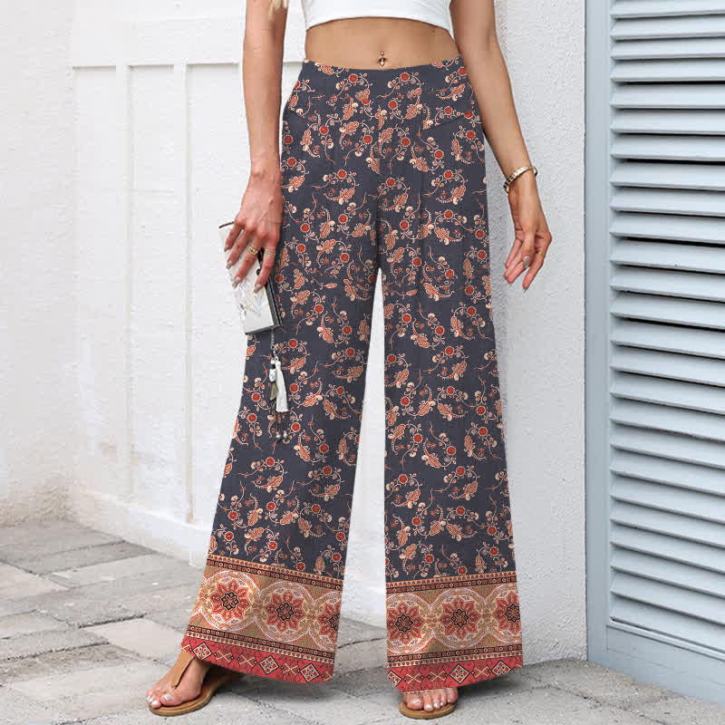 Buddha Stones Cotton Linen Bohemian Floral Pattern Women's Elastic Waist Wide Leg Pants With Pockets - image 6