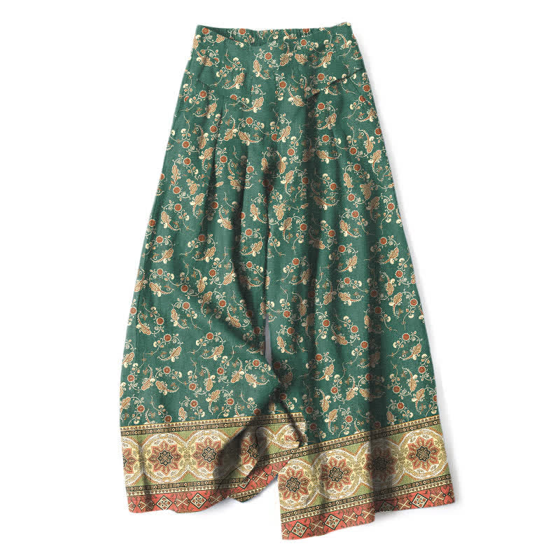 Buddha Stones Cotton Linen Bohemian Floral Pattern Women's Elastic Waist Wide Leg Pants With Pockets - ForestGreen - US16，UK/AU20，EU48 (3XL) - image 7