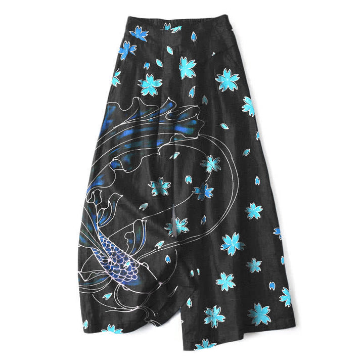 Buddha Stones Cotton Linen Koi Fish Floral Pattern Women's Elastic Waist Wide Leg Pants With Pockets - Black - US16，UK/AU20，EU48 (3XL) - image 0