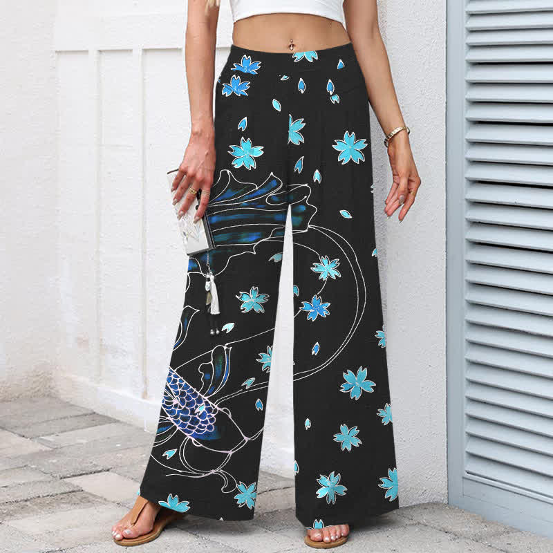 Buddha Stones Cotton Linen Koi Fish Floral Pattern Women's Elastic Waist Wide Leg Pants With Pockets - image 1