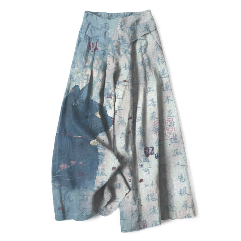 Buddha Stones Cotton Linen Calligraphy Cat Pattern Women's Elastic Waist Wide Leg Pants With Pockets - LightSteelBlue - US16，UK/AU20，EU48 (3XL) - image 5