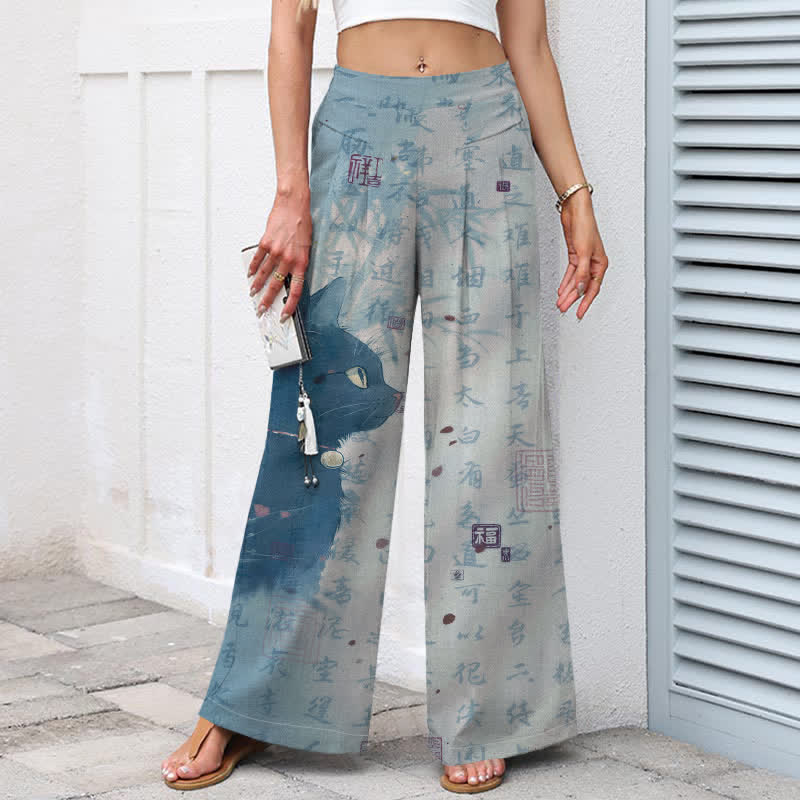 Buddha Stones Cotton Linen Calligraphy Cat Pattern Women's Elastic Waist Wide Leg Pants With Pockets - image 6
