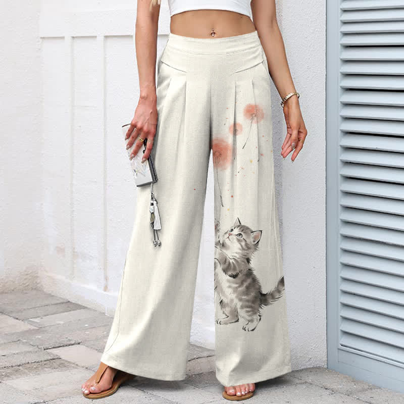 Buddha Stones Cotton Linen Watercolor Cat Floral Pattern Women's Elastic Waist Wide Leg Pants With Pockets - image 1