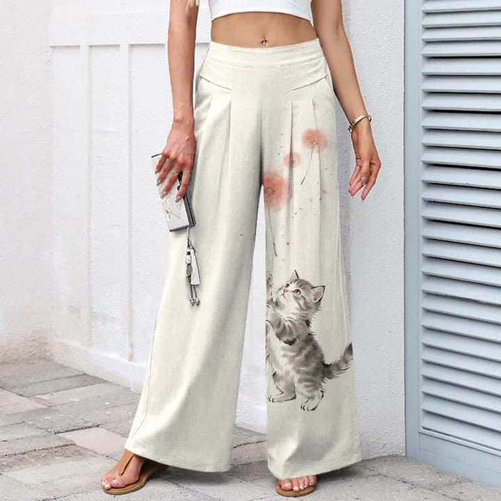 Buddha Stones Cotton Linen Watercolor Cat Floral Pattern Women's Elastic Waist Wide Leg Pants With Pockets - image 1