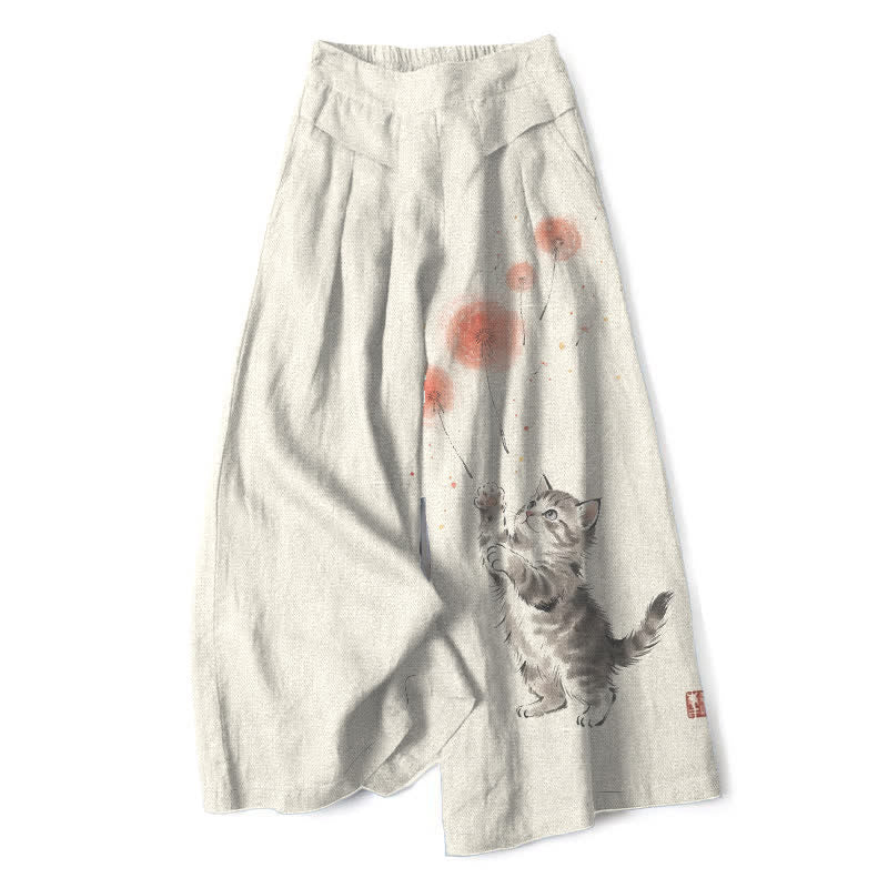 Buddha Stones Cotton Linen Watercolor Cat Floral Pattern Women's Elastic Waist Wide Leg Pants With Pockets - Ivory - US16，UK/AU20，EU48 (3XL) - image 0