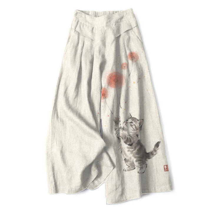 Buddha Stones Cotton Linen Watercolor Cat Floral Pattern Women's Elastic Waist Wide Leg Pants With Pockets - Ivory - US16，UK/AU20，EU48 (3XL) - image 0
