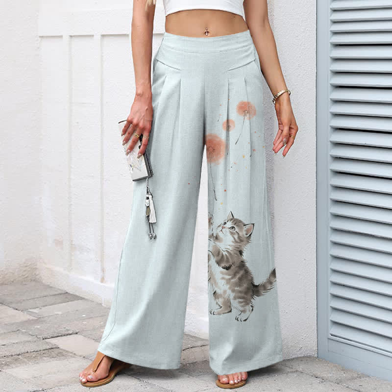 Buddha Stones Cotton Linen Watercolor Cat Floral Pattern Women's Elastic Waist Wide Leg Pants With Pockets - image 6