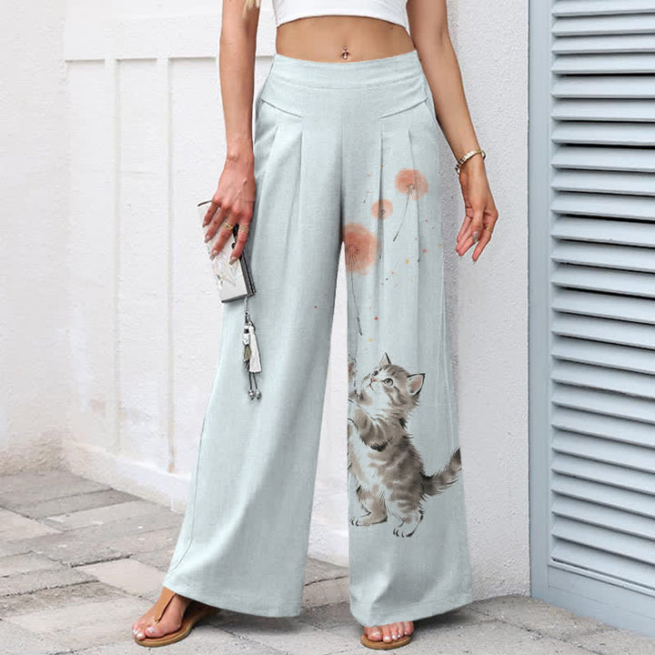 Buddha Stones Cotton Linen Watercolor Cat Floral Pattern Women's Elastic Waist Wide Leg Pants With Pockets - image 6