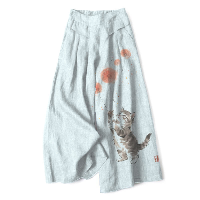 Buddha Stones Cotton Linen Watercolor Cat Floral Pattern Women's Elastic Waist Wide Leg Pants With Pockets - AliceBlue - US16，UK/AU20，EU48 (3XL) - image 5