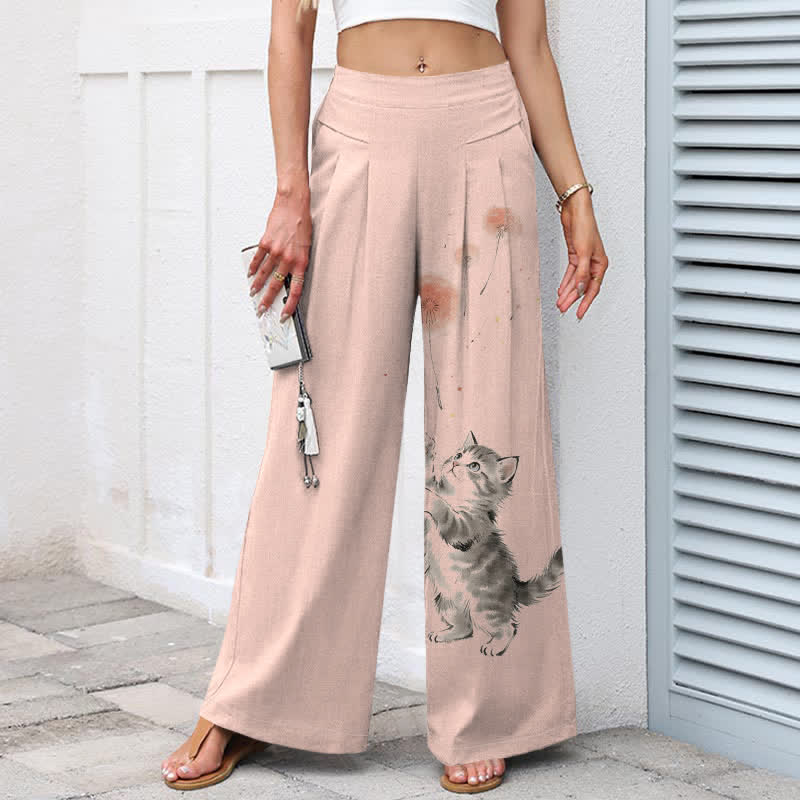 Buddha Stones Cotton Linen Watercolor Cat Floral Pattern Women's Elastic Waist Wide Leg Pants With Pockets - image 8