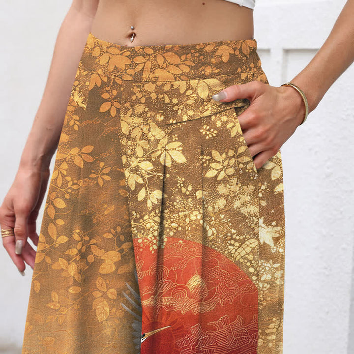 Buddha Stones Cotton Linen Crane Floral Pattern Women's Elastic Waist Wide Leg Pants With Pockets - image 2