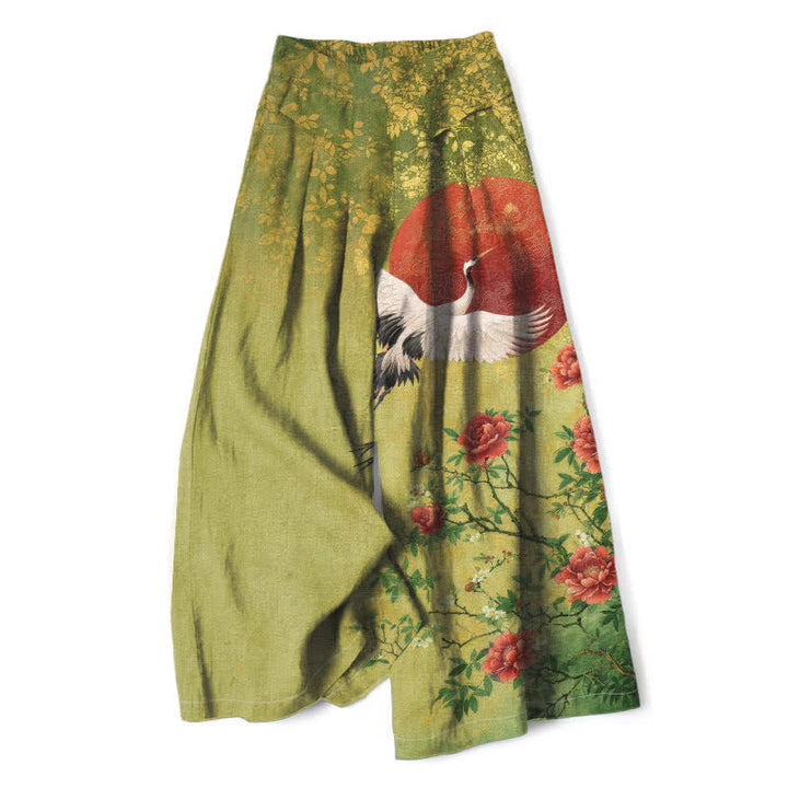 Buddha Stones Cotton Linen Crane Floral Pattern Women's Elastic Waist Wide Leg Pants With Pockets - YellowGreen - US16，UK/AU20，EU48 (3XL) - image 5