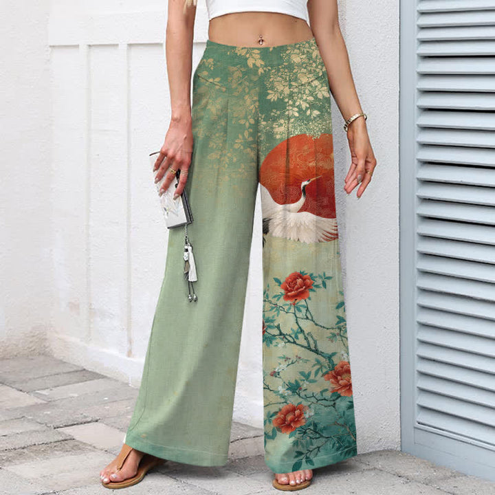 Buddha Stones Cotton Linen Crane Floral Pattern Women's Elastic Waist Wide Leg Pants With Pockets - image 8