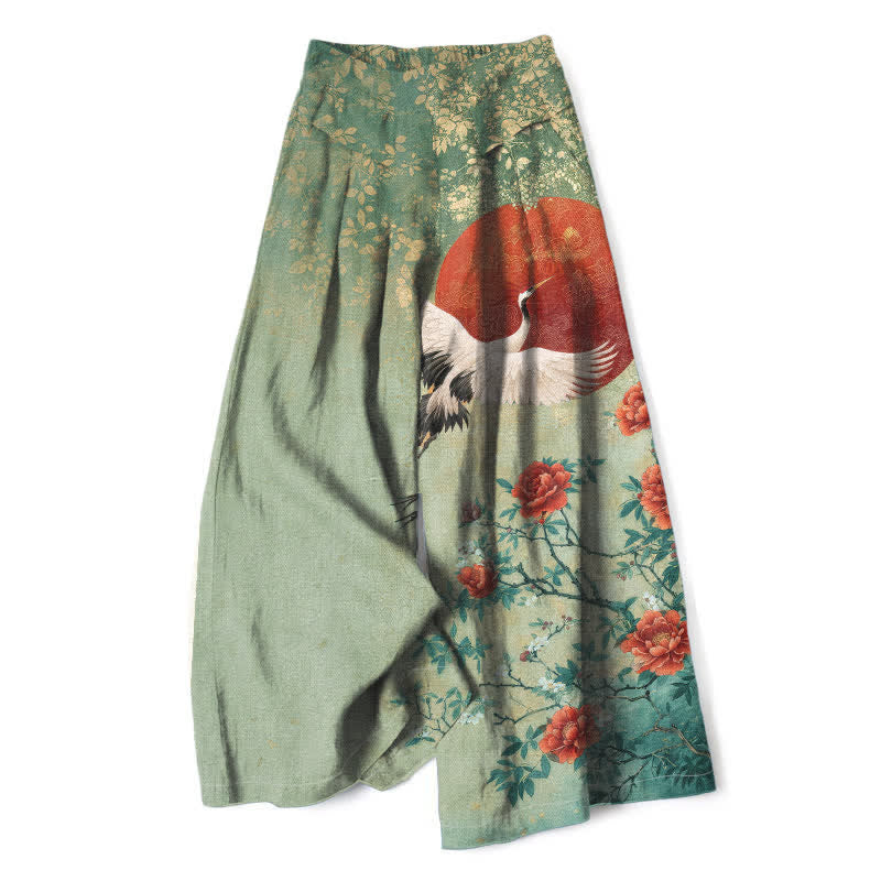 Buddha Stones Cotton Linen Crane Floral Pattern Women's Elastic Waist Wide Leg Pants With Pockets - DarkSeaGreen - US16，UK/AU20，EU48 (3XL) - image 7