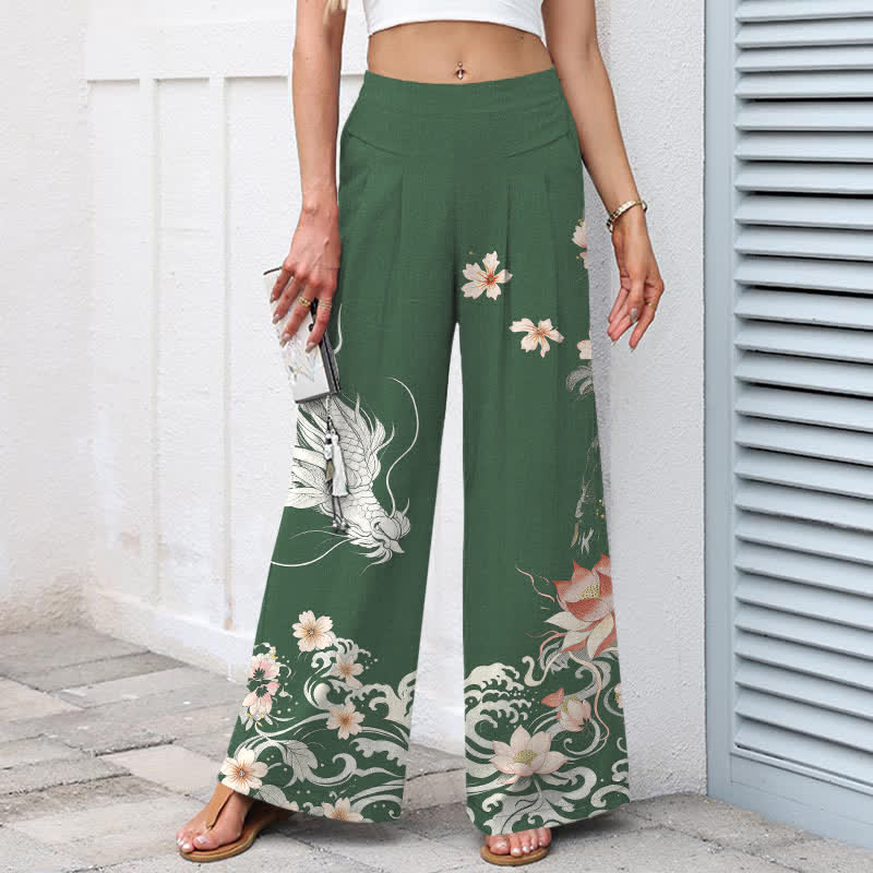 Buddha Stones Cotton Linen Oriental Dragon Pattern Women's Elastic Waist Wide Leg Pants With Pockets - image 8