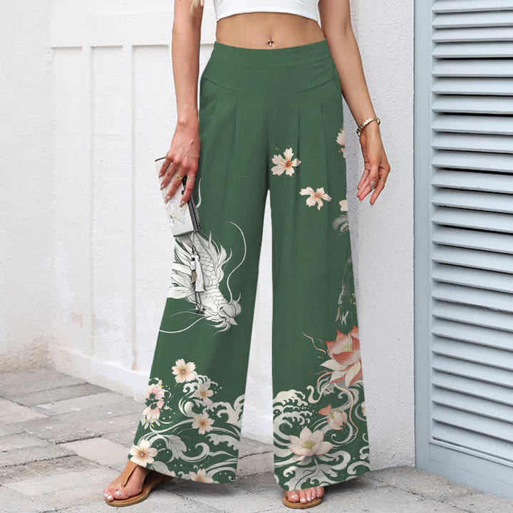 Buddha Stones Cotton Linen Oriental Dragon Pattern Women's Elastic Waist Wide Leg Pants With Pockets - image 8