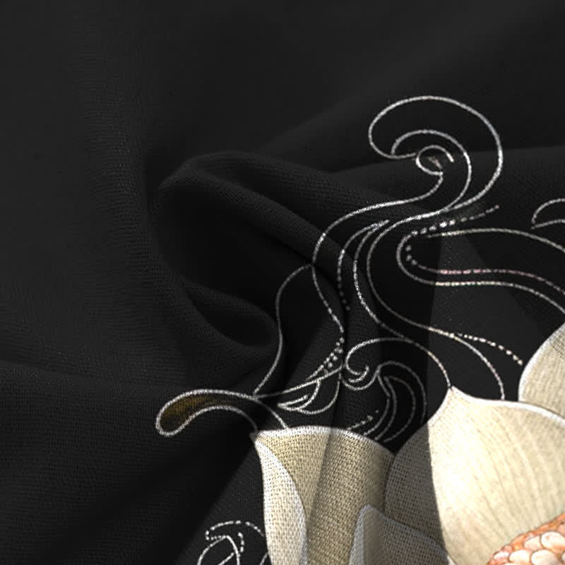 Buddha Stones Cotton Linen Lotus Koi Wave Pattern Women's Elastic Waist Wide Leg Pants With Pockets - image 4