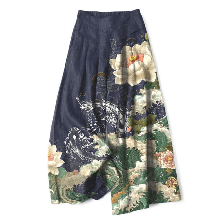 Buddha Stones Cotton Linen Lotus Koi Wave Pattern Women's Elastic Waist Wide Leg Pants With Pockets - Navy - US16，UK/AU20，EU48 (3XL) - image 5