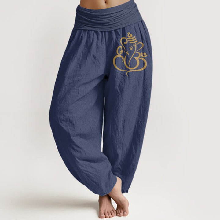 Buddha Stones Pure Cotton Golden Ganesha Pattern Women's Elastic Waist Harem Pants - DarkSlateBlue - US16，UK/AU20，EU48 (3XL) - image 5